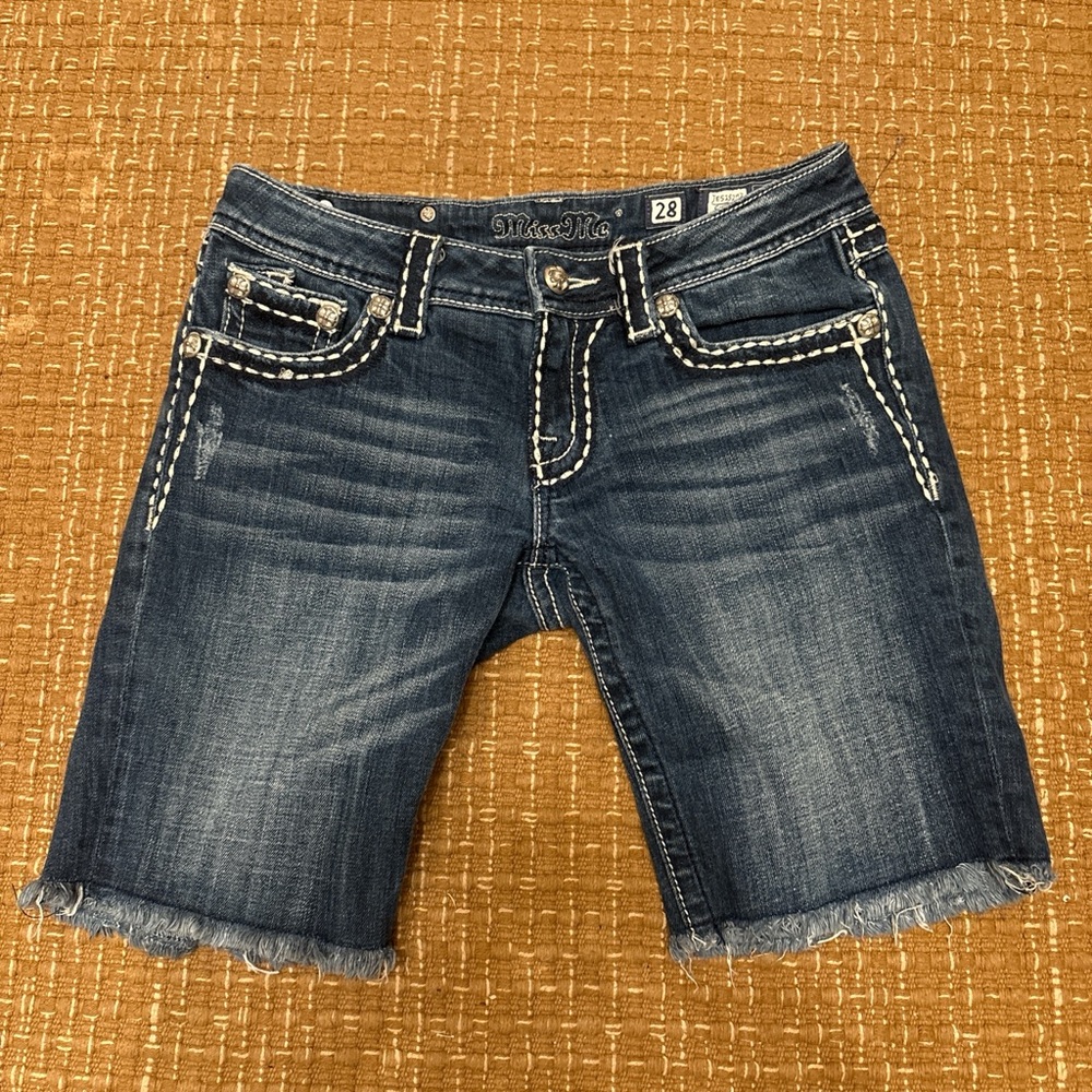 Miss Me Blue Denim Shorts with White Stitching